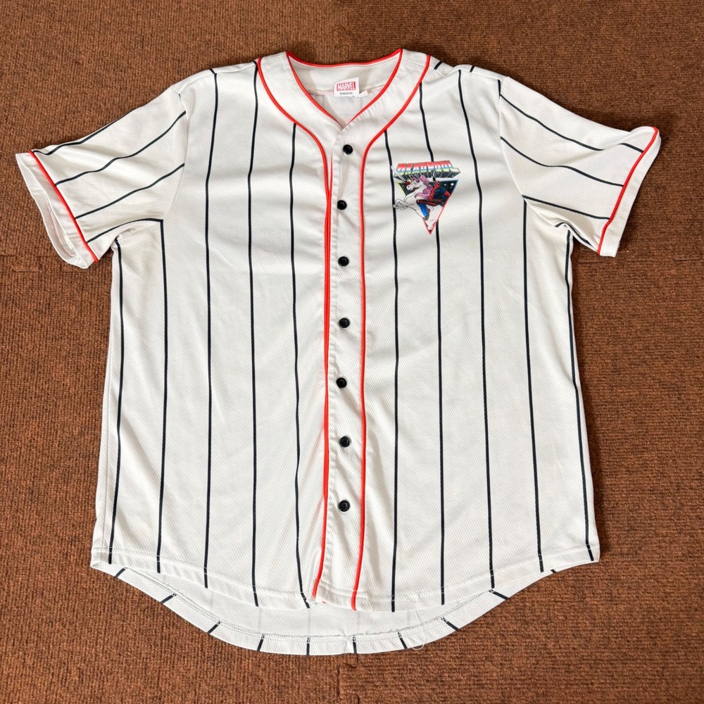 Marvel Deadpool Riding Unicorn Baseball Jersey Men Medium White Pinstripe Button